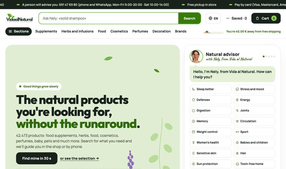 Home page of the Vida al Natural online store: the «Ask Nely» search box, store sections and the AI herbalist advisor
